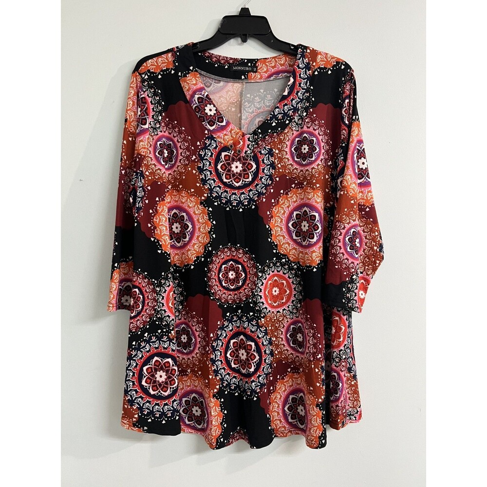 Monnuro 5X Mandala Print Tunic Top Boho Floral Lightweight V Neck